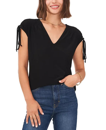 Vince Camuto Women's Solid-Color V-Neck Shirred Shoulder Top Black Size L
