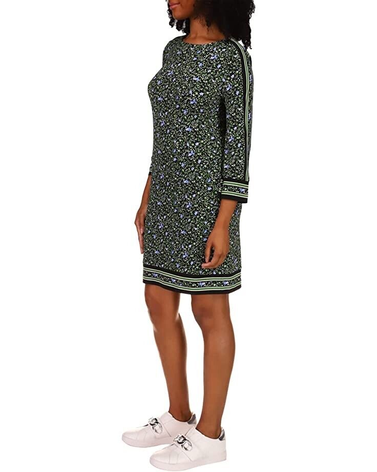 Michael Kors Petite Size A-Line Border Print Dress Green Size P/M MSRP $98