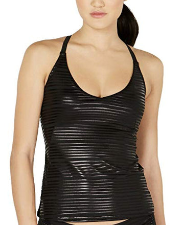 Nike Women's 6:1 Shine Striped Cross Back Tankini Top Size XS Black