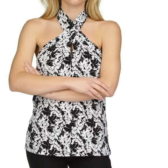 Michael Kors Women's Keyhole-Neck Tropical-Print Halter Top Black White Size L