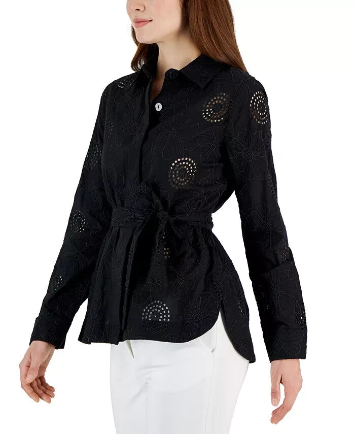 Tahari ASL Women's Cotton Floral Eyelet Tie-Waist Shacket BLACK Size 4 MSRP $99