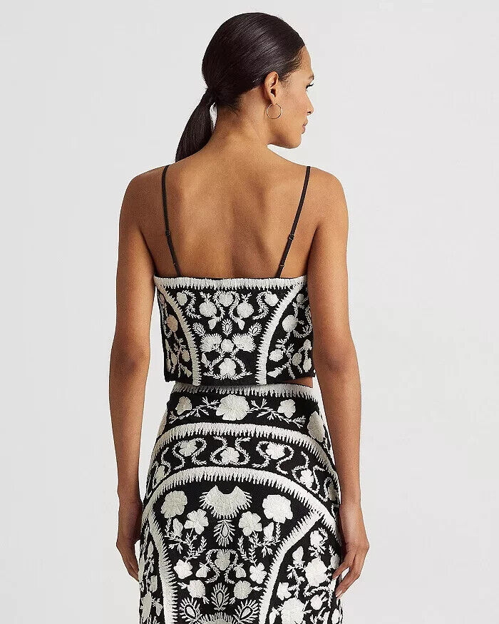 Lauren Ralph Lauren Womens Embroidered Cropped Sl Black white Black Size 16 $195