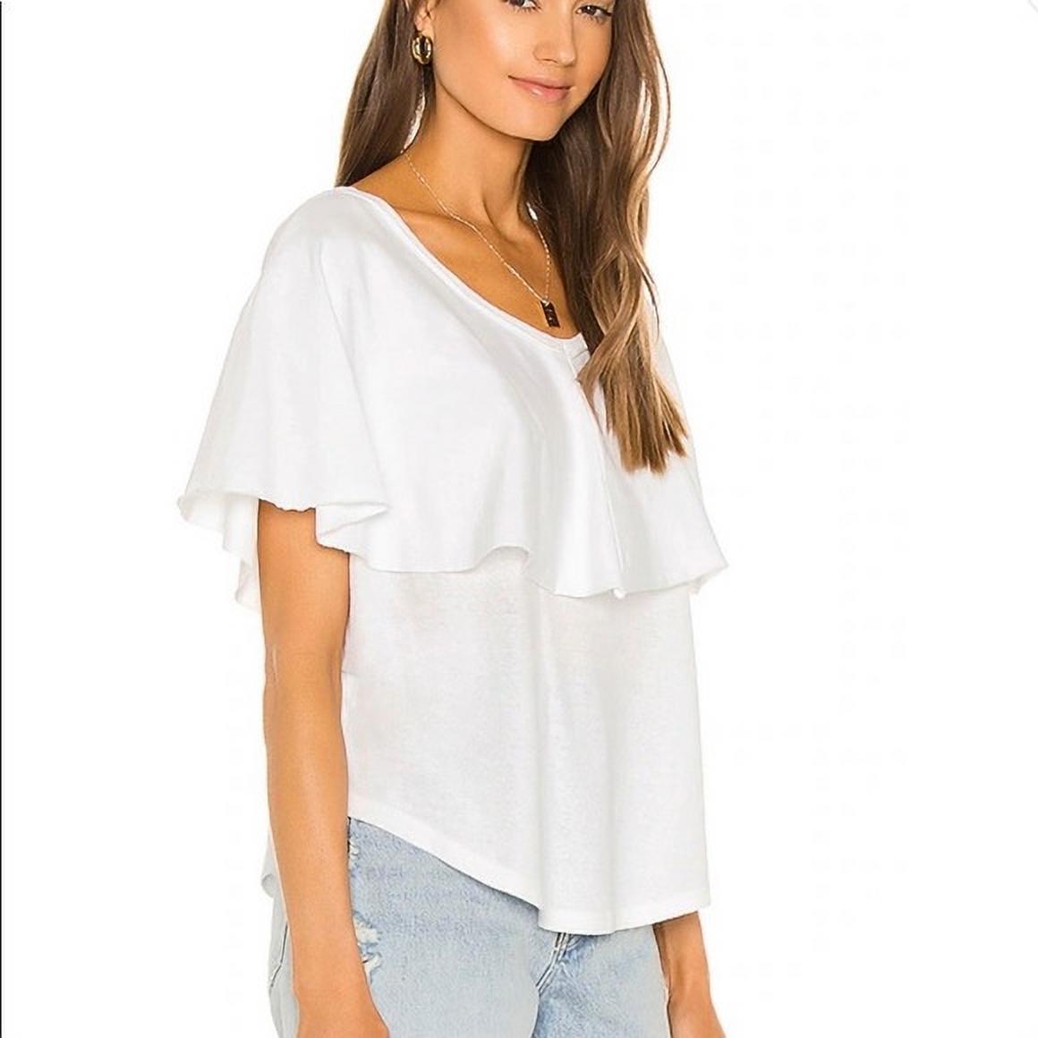 FREE PEOPLE Womens White Ruffled Short Sleeve Scoop Neck Top Size L
