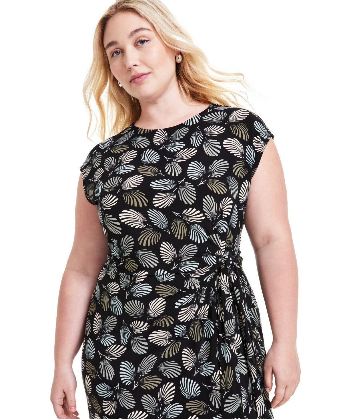 Kasper Plus Size Abstract-Print Cap-Sleeve Dress Black Size 2X MSRP $99