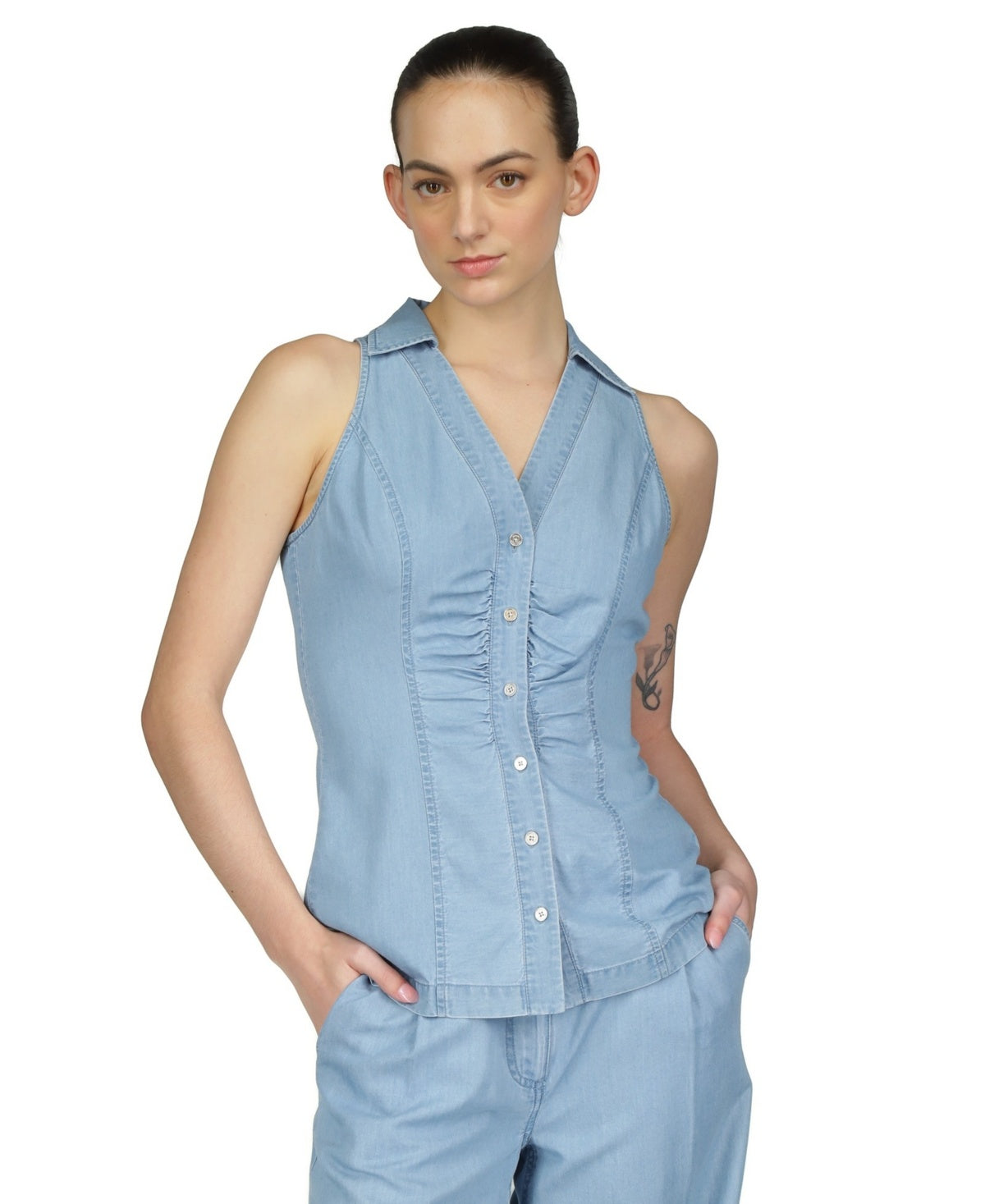 Michael Kors Women's Petite Sleeveless Tencel Collared Top, Sky Blue Size PS