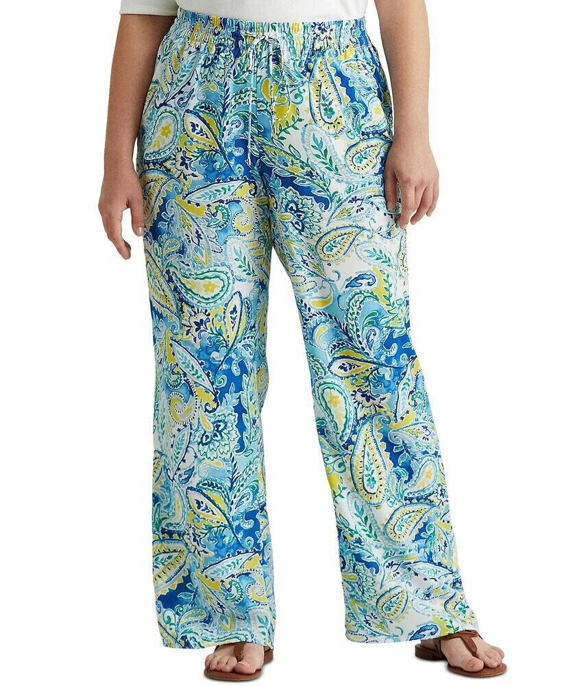 LAUREN Ralph Lauren Womens Plus Paisley Crepe Wide Pants Blue Size 1X MSRP $135