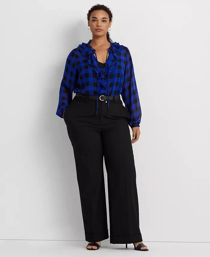 Lauren Ralph Lauren Plus Size 3X Ruffled Buffalo Check Blouse Blue MSRP $145