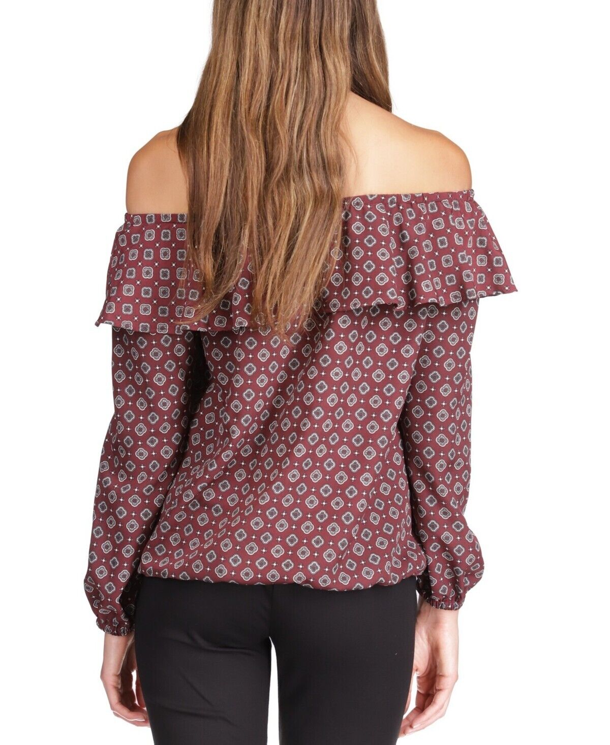 Michael Kors Printed Ruffled Off-The-Shoulder Top Red Wine Size XS MSRP $88