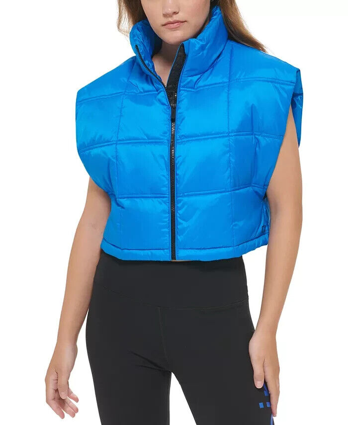 Calvin Klein Women's Cropped Mock-Neck Zip-up Vest Neon Blue Size L MSRP $80