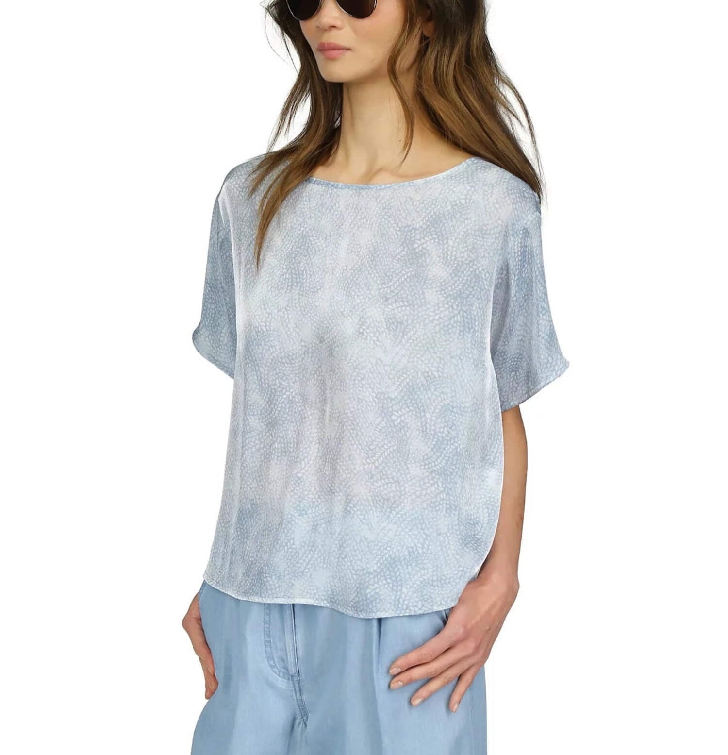 MICHAEL MICHAEL KORS Petite Petal-Print Short-Sleeve Top Blue Size PXS