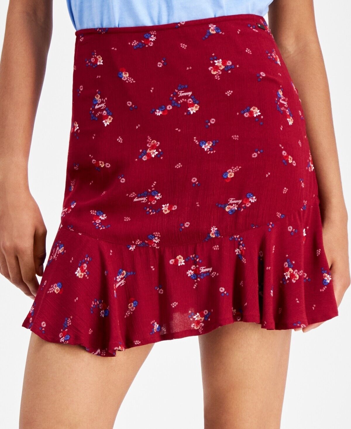 Tommy Jeans Women's Floral High Rise Flounce Mini Skirt RED Size XS MSRP $80
