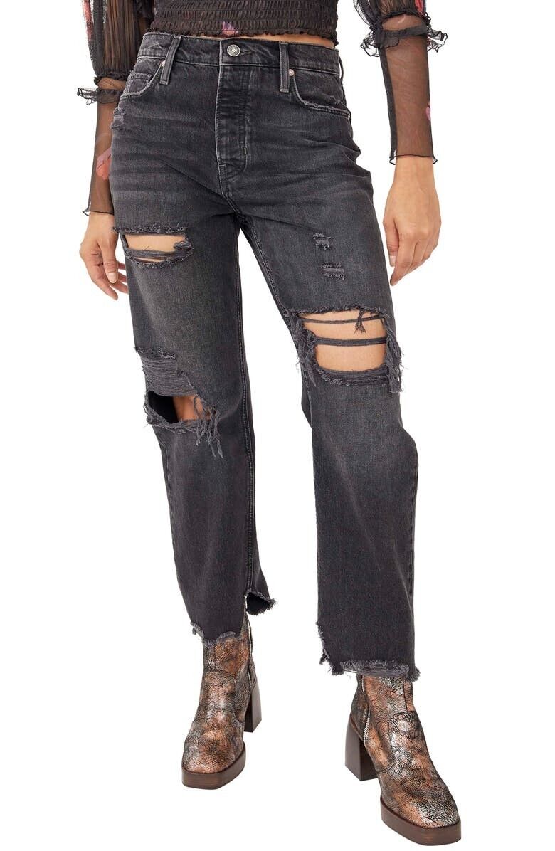 Free People Distressed Tapered Baggy Boyfriend Jeans Black Size 27 MSRP $98