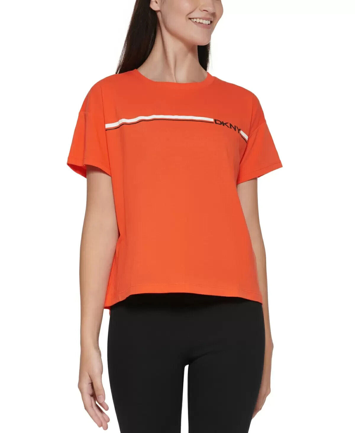 Dkny Sport Women's Cotton Logo-Stripe Cropped T-Shirt Orange Size M MSRP $40