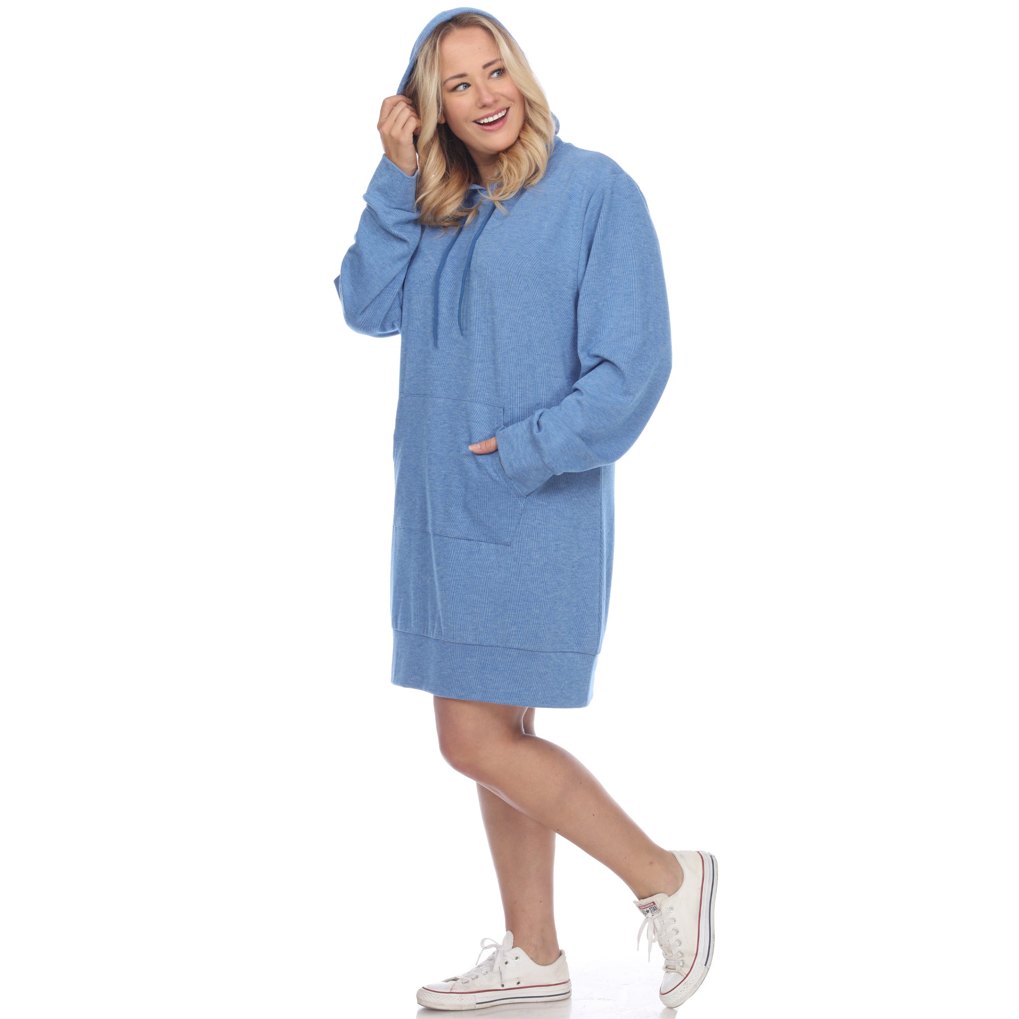 White Mark Plus Size 1X Hooded Pullover Kangaroo Fleeced Sweatshirt Dress Blue