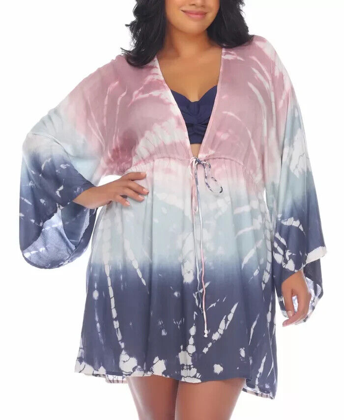 RAVIYA Plus Size Tie-Dye Caftan Swim Cover Up Pink Blue Size 1X