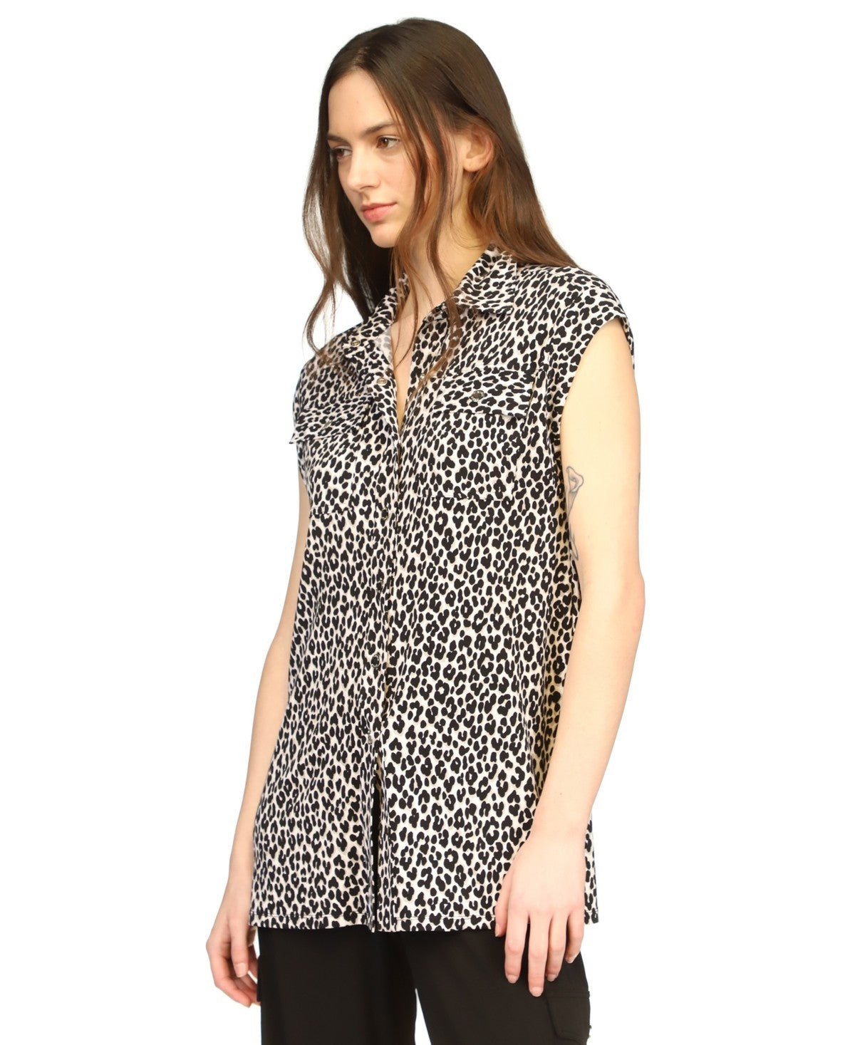 Michael Kors Women's Cheetah-Print Snap-Front Utility Top Black Size M MSRP $110
