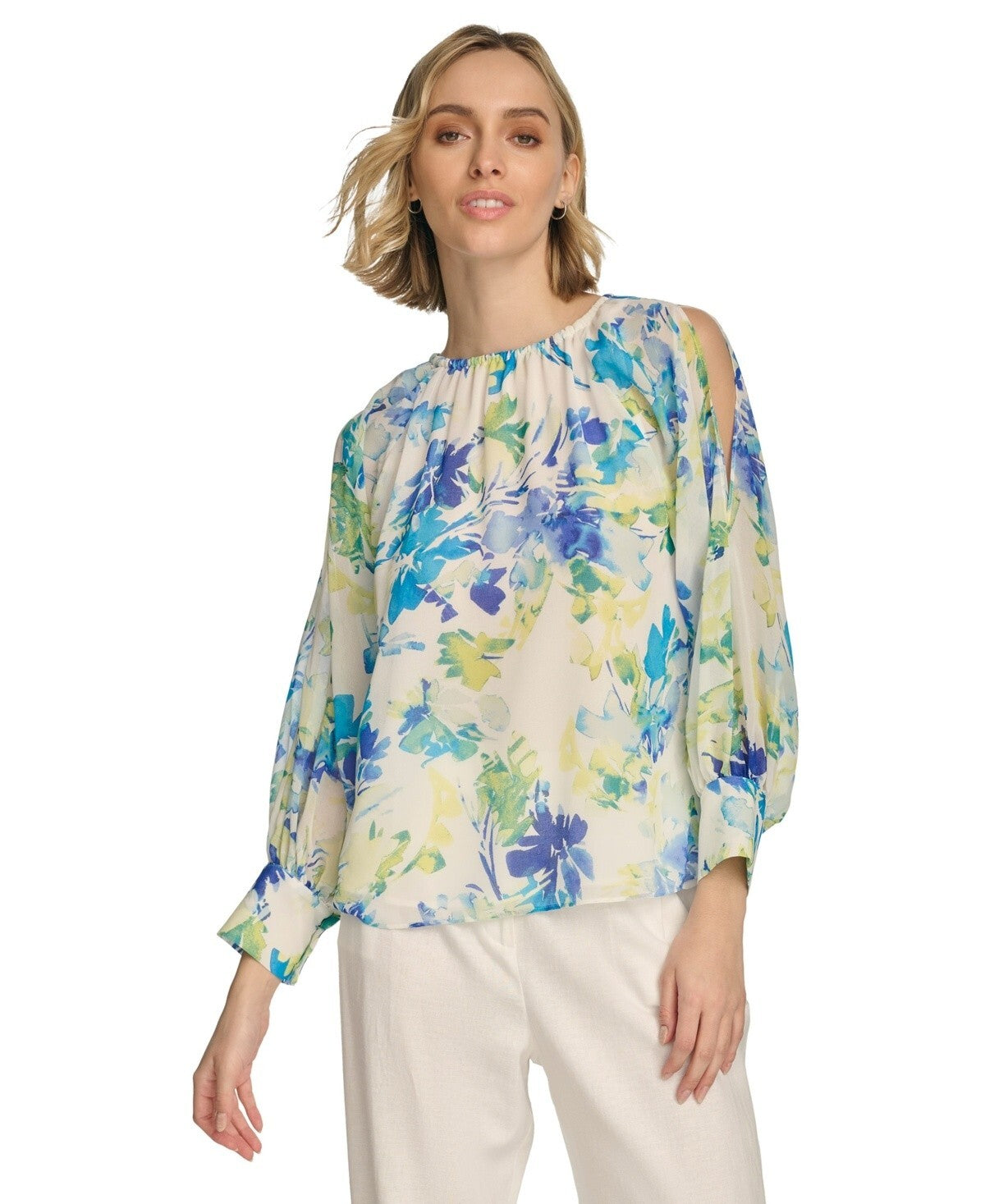 Calvin Klein Women Floral Gathered Cold-Shoulder Blouse GREEN Size XS MSRP $100