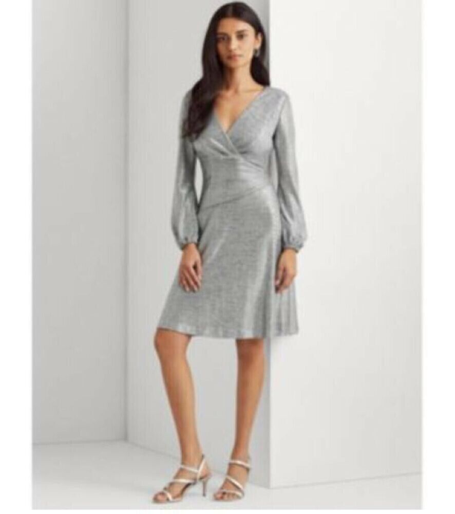 Lauren Ralph Lauren Womens Metallic Dress Dark Gray Silver Size 4 MSRP $195
