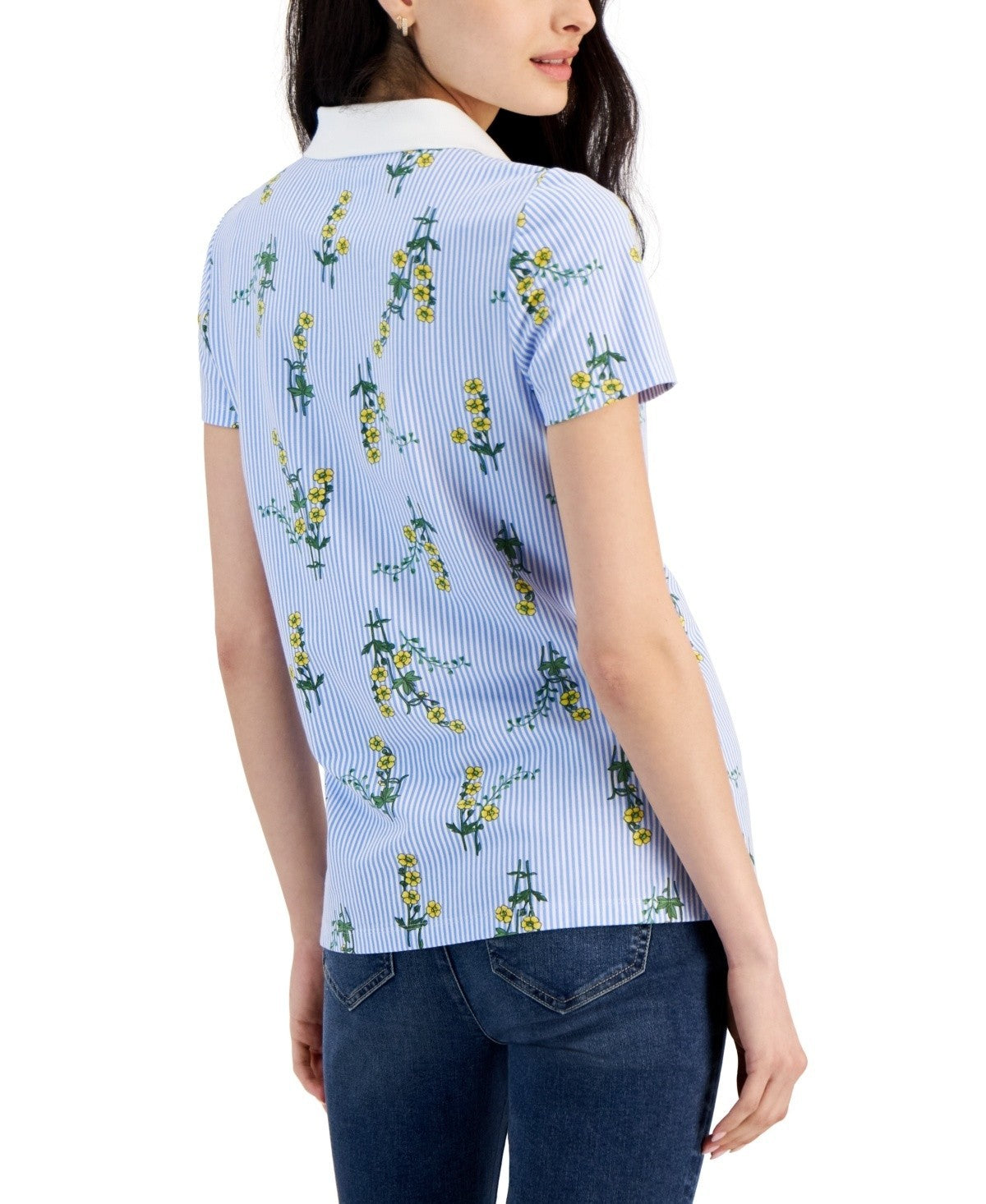 Nautica Jeans Women's Floral-Print Short-Sleeve Polo Shirt Blue Size M MSRP $45