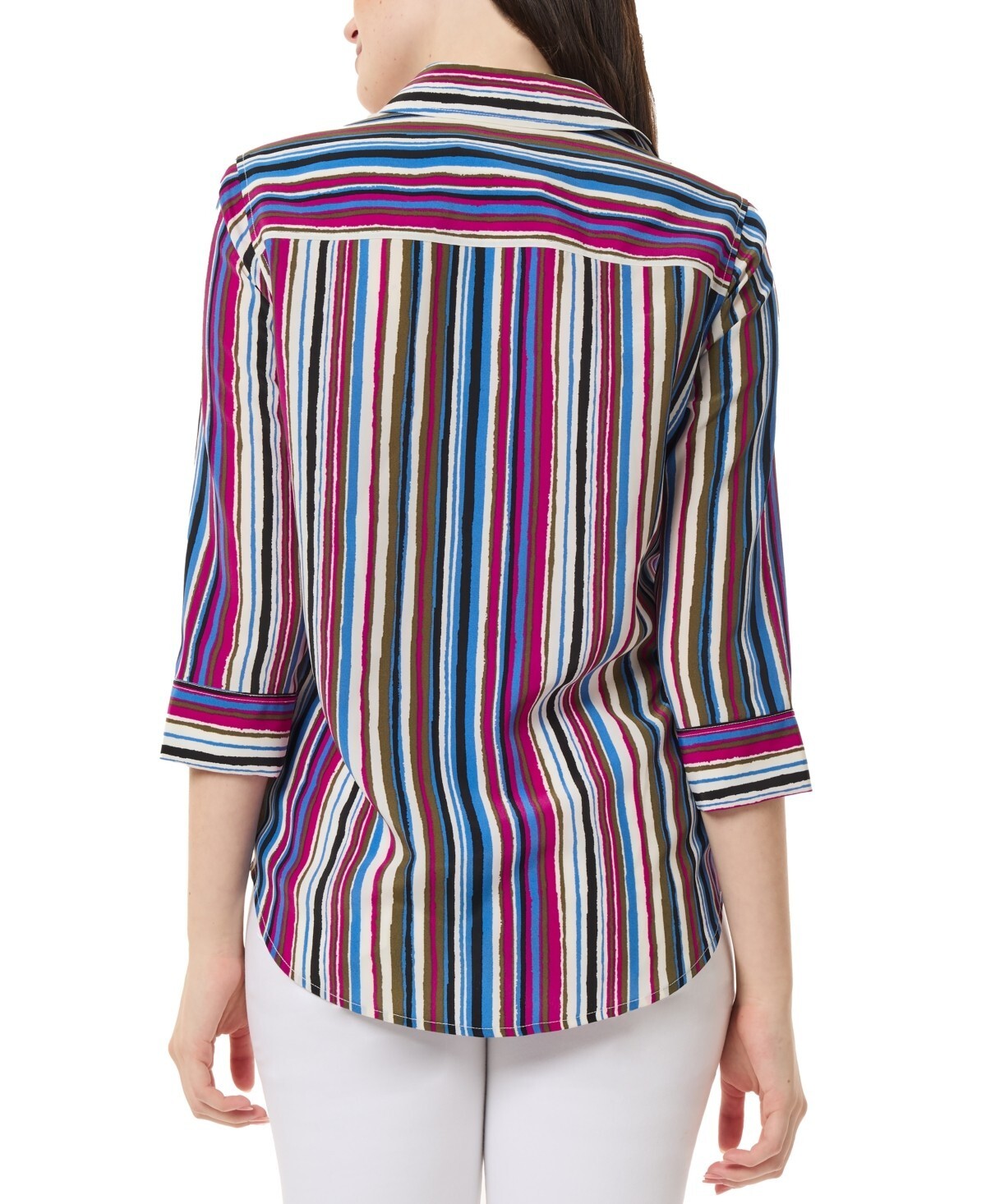 Jones New York Petite Striped 3/4-Sleeve Shirt BLUE GREEN Size PL MSRP $80