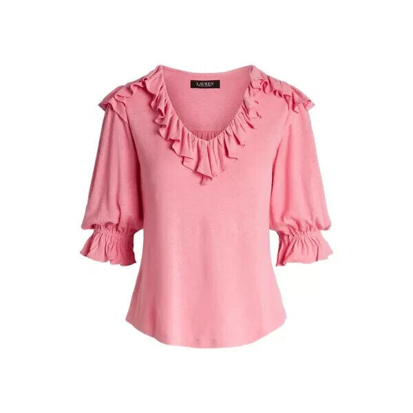 Lauren Ralph Lauren Women Ruffle-Trim Jersey Top Poolside Rose Pink Size XL $115