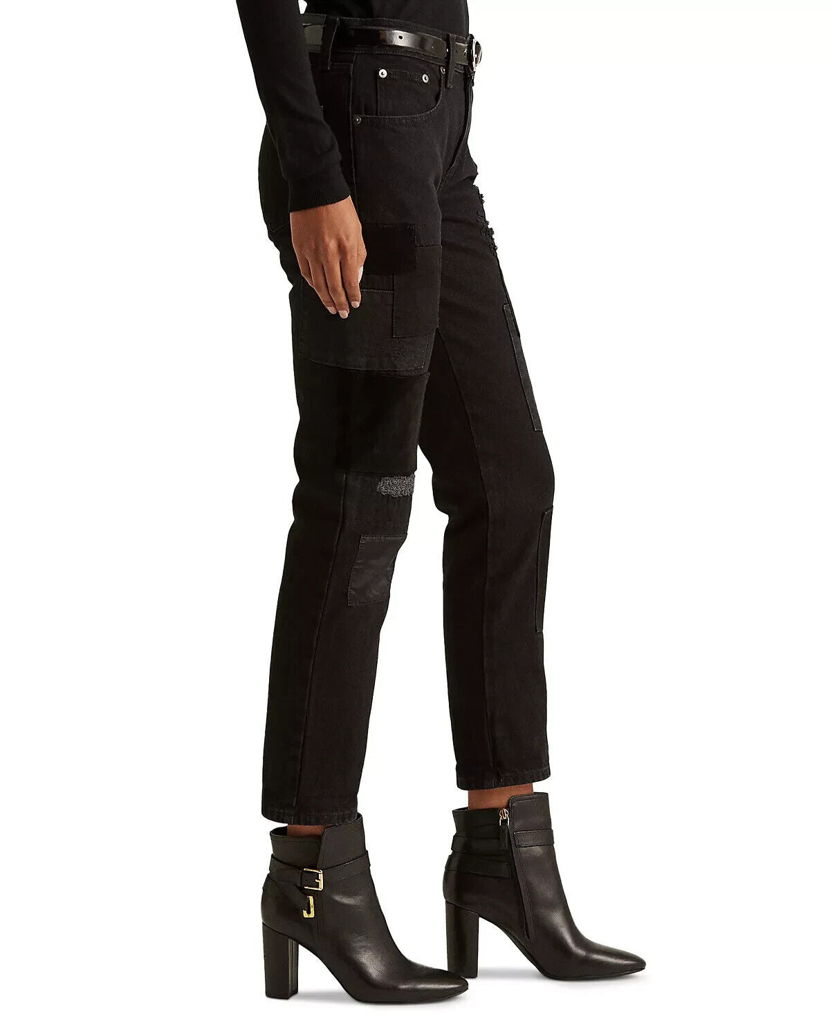 Ralph Lauren Women Patchwork Relaxed Tapered Jeans Wash Black Size 10 MSRP $175