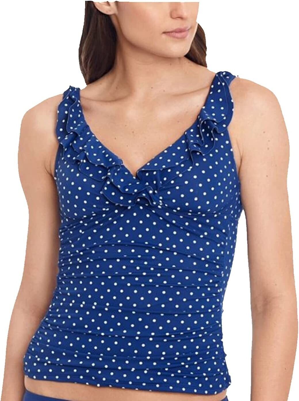 LAUREN RALPH LAUREN Women's Blue Polka Dot Surplice Ruffled Size 14 MSRP $100