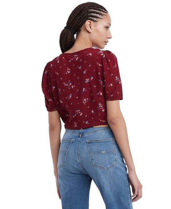 Tommy Jeans Women's Floral Balloon-Sleeve Tie-Front Blouse RED Size M MSRP $70