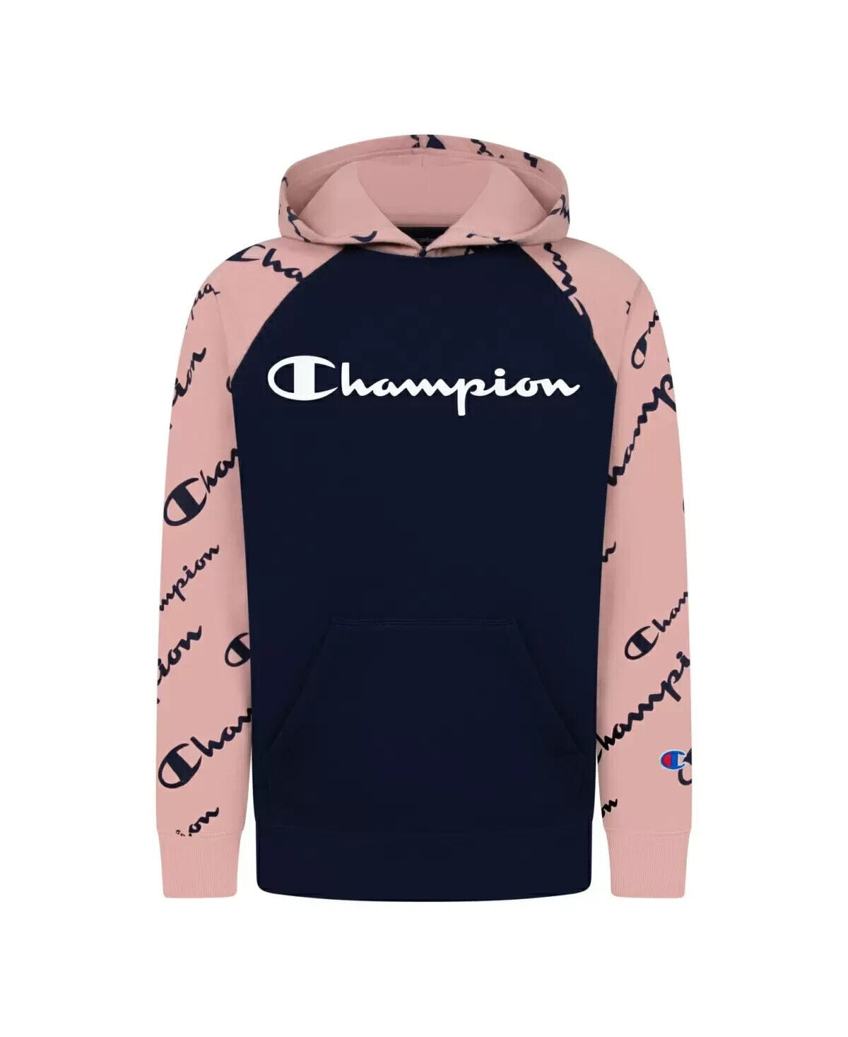 CHAMPION Big Boys Diagonal Script Raglan Fleece Hoodie Navy Size M
