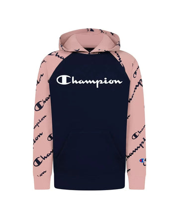 CHAMPION Big Boys Diagonal Script Raglan Fleece Hoodie Navy Size M