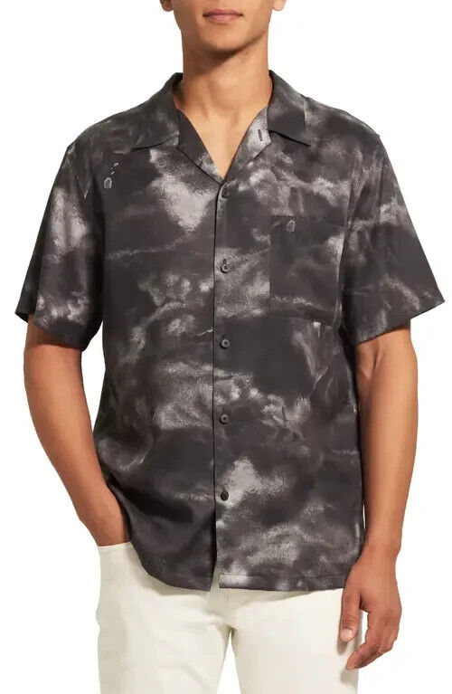 Theory Noll Cloud Print Short Sleeve Button-Up Camp Shirt in Black Size S $165