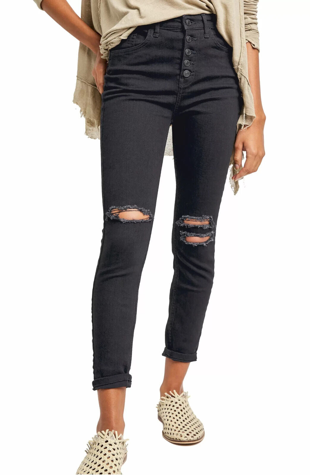 Free People Sabrina Button Front High Waist Skinny Jeans Black Size 24 MSRP $78