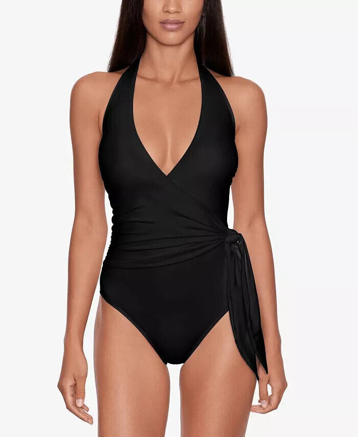 Ralph Lauren BLACK Halter Side-Tie Tummy Control One Piece Swimsuit SZ 8 $144