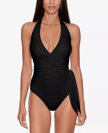 Ralph Lauren BLACK Halter Side-Tie Tummy Control One Piece Swimsuit SZ 8 $144