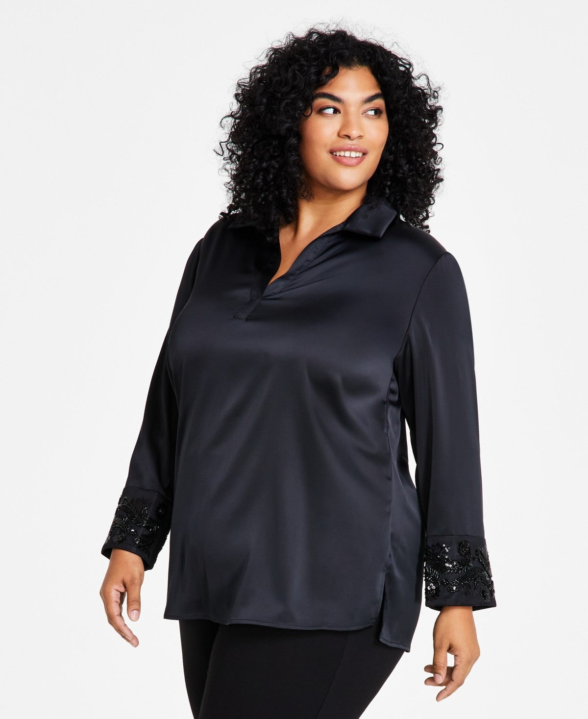 Anne Klein Plus Size Long-Sleeve Embellished-Cuff Blouse Black Size 1X MSRP $129