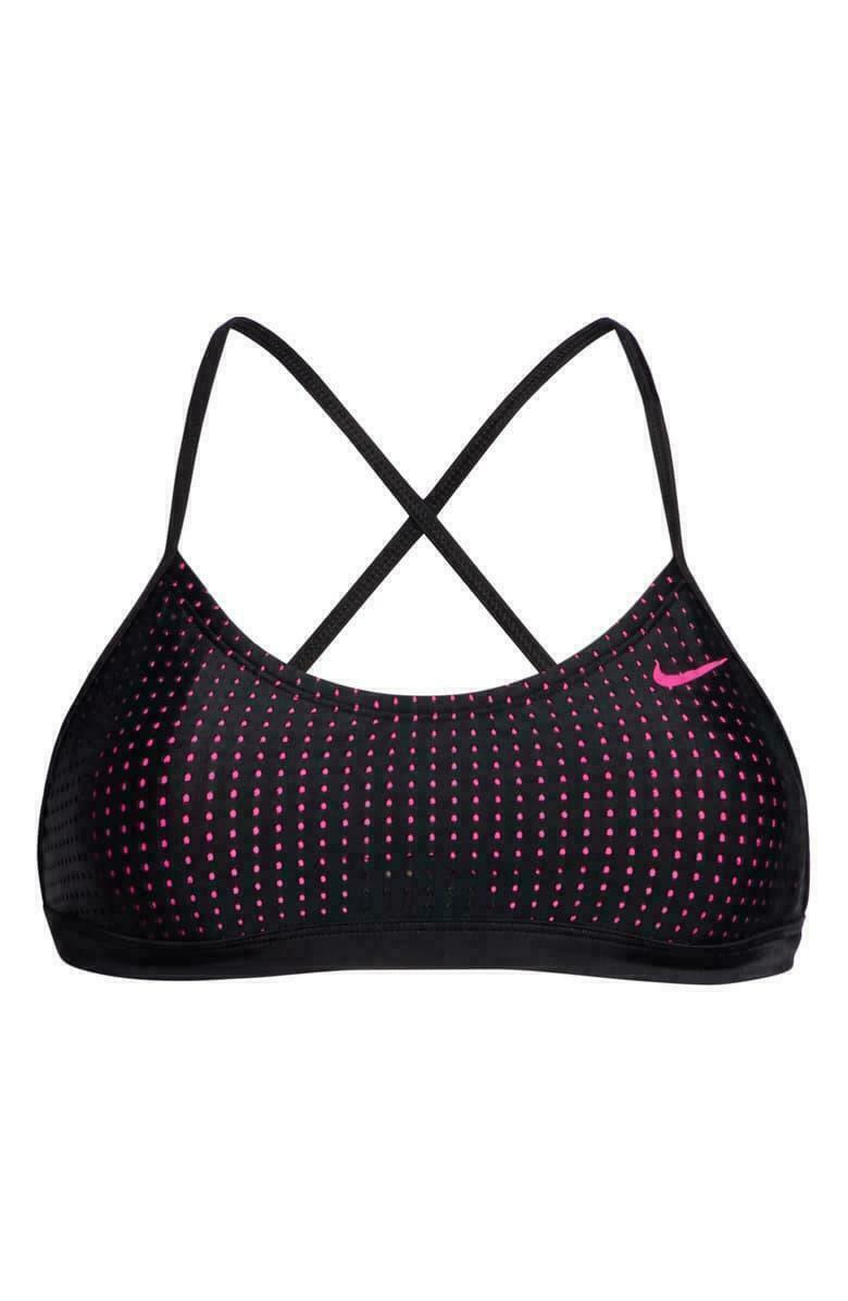Nike Sport Women Mesh Cross-Back Bikini Top Neon Pink Black Size XS