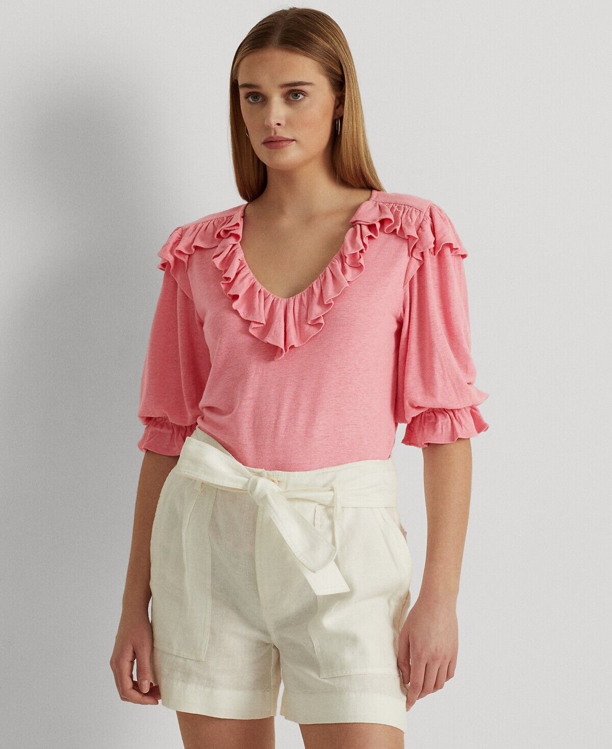 LAUREN RALPH LAUREN Women's Ruffle-Trim Jersey Top Pink Size S MSRP $115