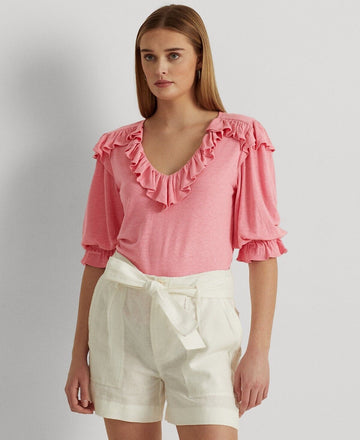 LAUREN RALPH LAUREN Women's Ruffle-Trim Jersey Top Pink Size S MSRP $115