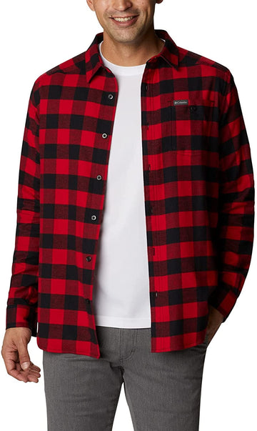 Columbia Mens Cornell Woods Flannel Long Sleeve Shirt Large Mountain Red Buffalo Check