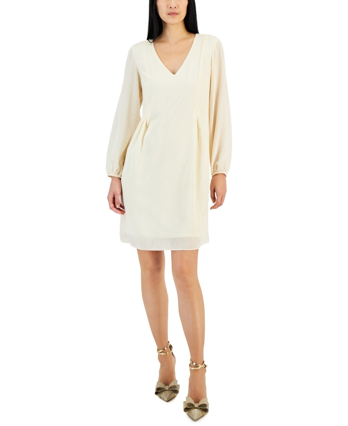 INC Women's Textured Chiffon Long-Sleeve Bow-Back Dress Ivory Size XL MSRP $79