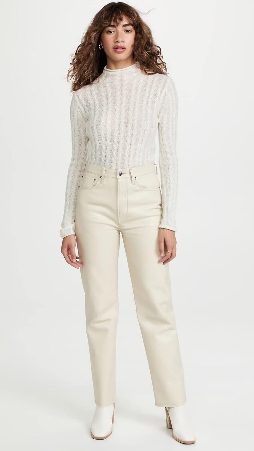 Theory Women's Cable Mock Neck Cashmere Sweater, Ivory, Off White, Size L $295
