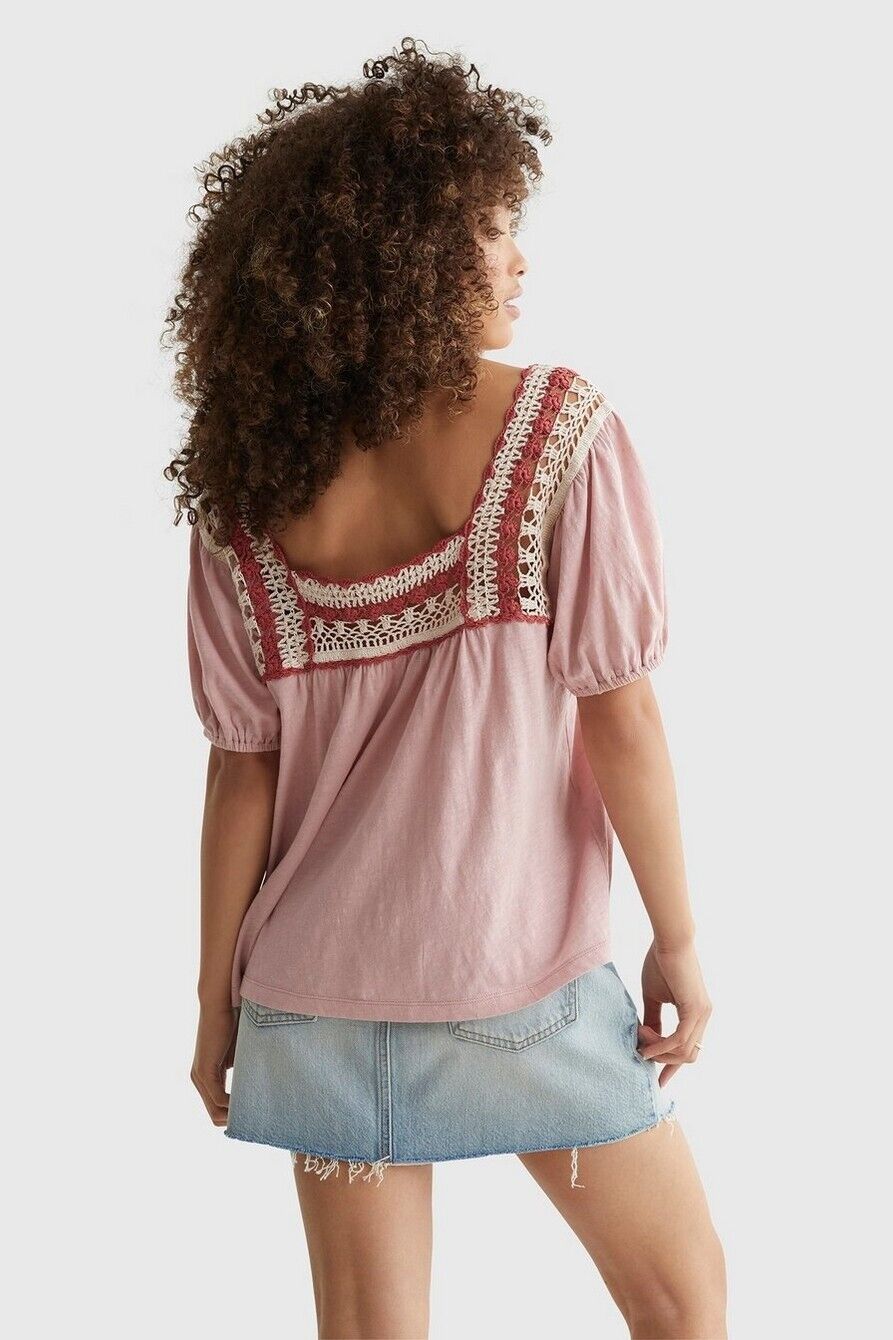 Lucky Brand Women's Square Neck Crochet Top Pink Size XS MSRP $70