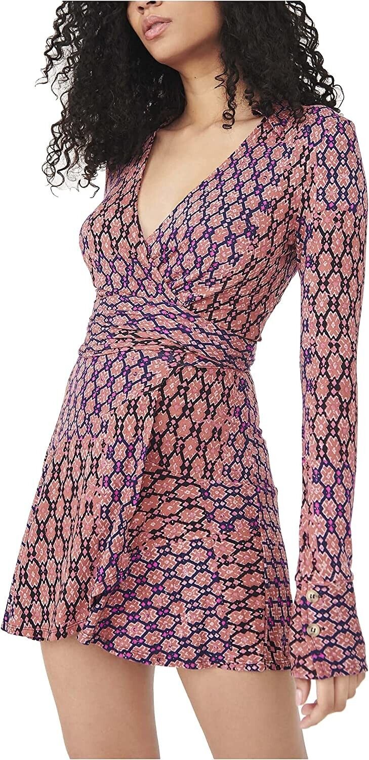 Free People Rhetta Long Sleeve Wrap Dress in Brown Combo, Size Large MSRP $128