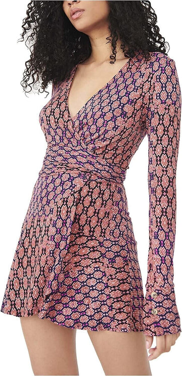 Free People Rhetta Long Sleeve Wrap Dress in Brown Combo, Size Large MSRP $128