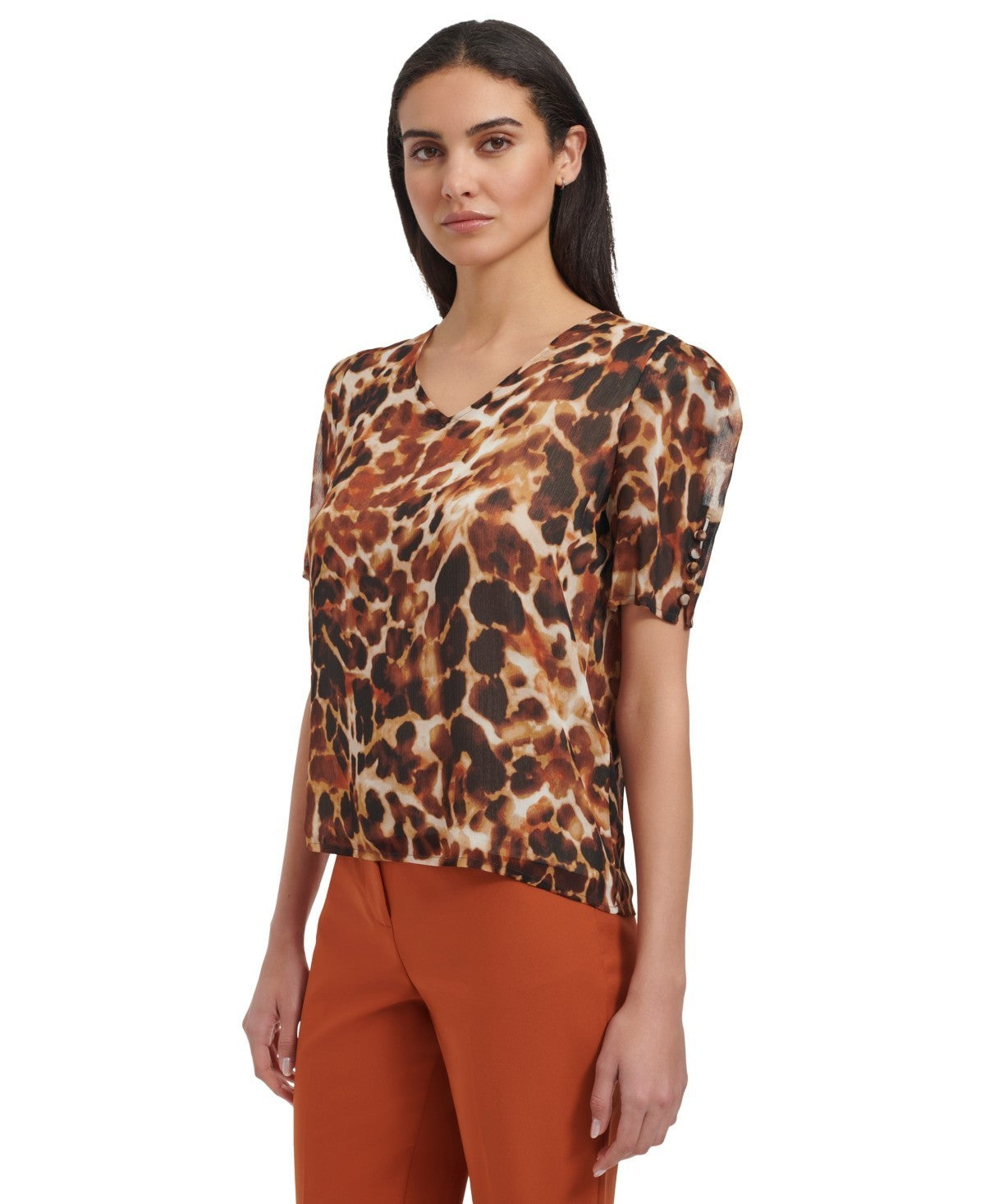 Calvin Klein Petite Animal Print Puff-Sleeve Blouse Size PS Brown MSRP $69