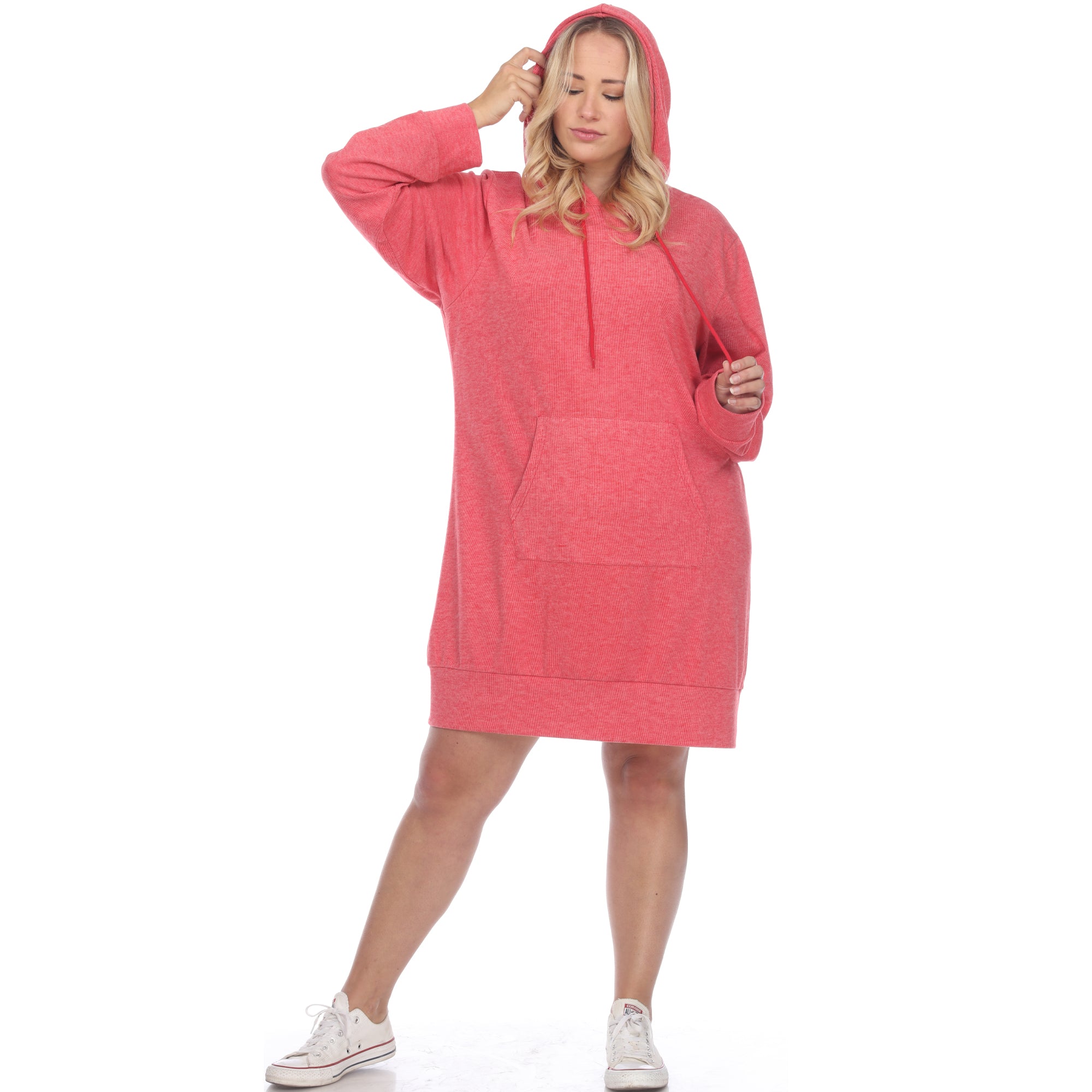 White Mark Plus Size 1X Hooded Pullover Kangaroo Fleeced Sweatshirt Dress Pink