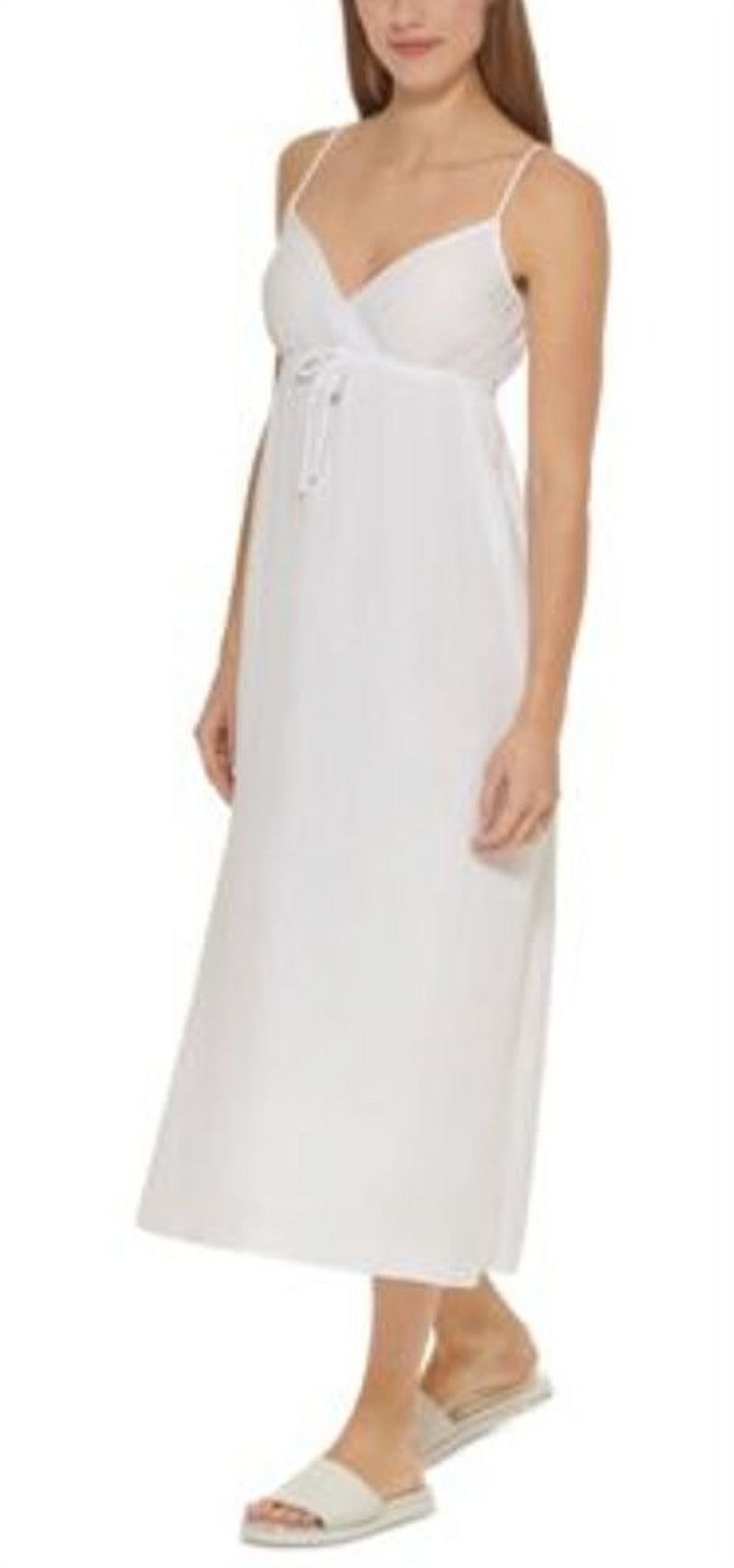 DKNY Women's V Neck Front Tie Maxi Dress Cover Up Swimsuit White Size XL