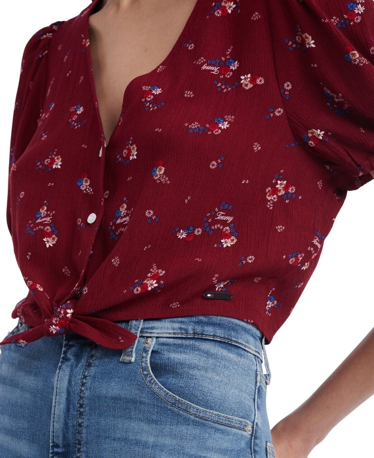 Tommy Jeans Women's Floral Balloon-Sleeve Tie-Front Blouse RED Size M MSRP $70