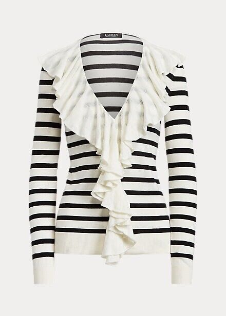 Lauren Ralph Lauren Women Striped Ruffled Cardigan Ivory Black Size S MSRP $125