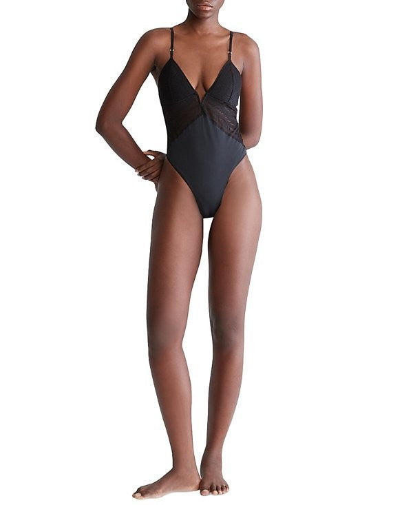 Calvin Klein Women's Sculpt Lace Thong Bodysuit QF7551 Black Size L MSRP $58